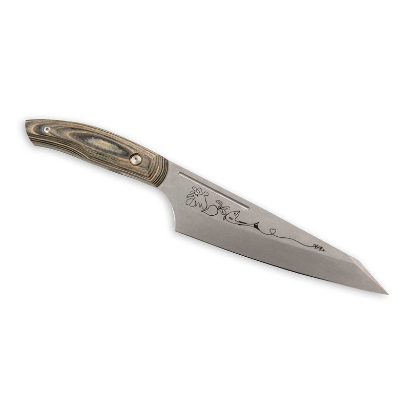 Messermeister | Chef April Bloomfield Chef's Knife, 6.5 inches, with a decorative etched carbon steel blade and layered-wood handle, perfect for precise culinary tasks.