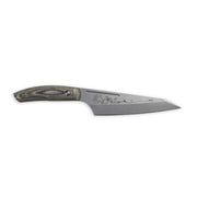 Messermeister | Chef April Bloomfield Chef's Knife, 6.5 inches, featuring a decorative motif on the steel blade with a dark wooden handle, ideal for precision cooking.