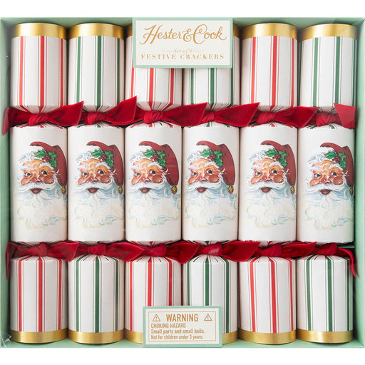 Hester & Cook | Christmas Crackers - Santa, featuring festive surprises like a honeycomb ball, confetti, a gold crown, and an inspirational card.