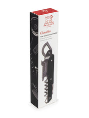 Peugeot Clavelin Sommelier Corkscrew, Black, featuring a patented handle for efficient cork removal, shown in its retail packaging.