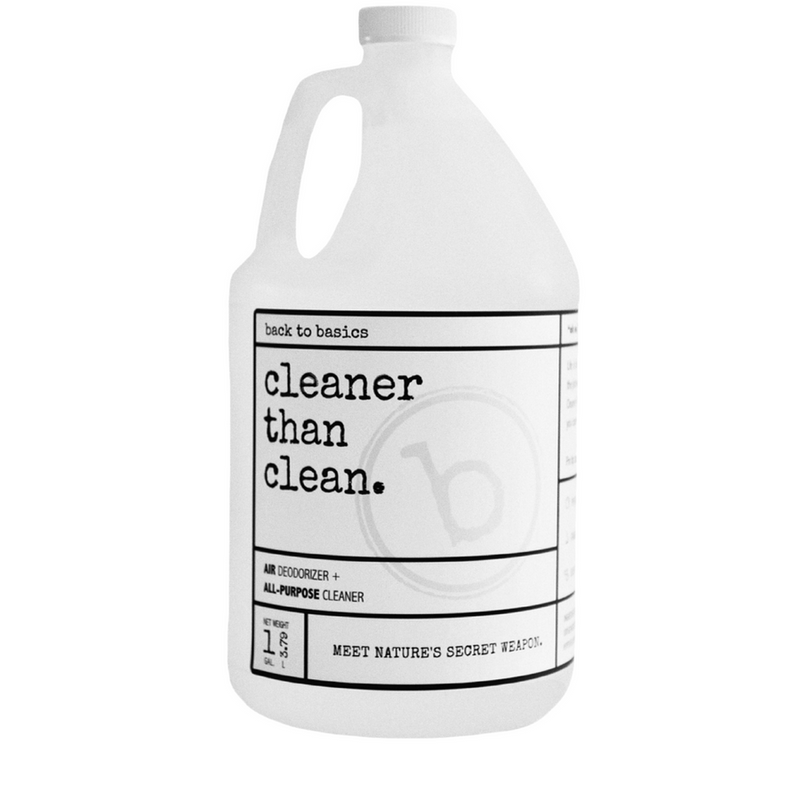 Back to Basics | Cleaner Than Clean - Gallon Refill: White jug with black text, versatile natural cleaner for various household surfaces, replacing multiple conventional products.