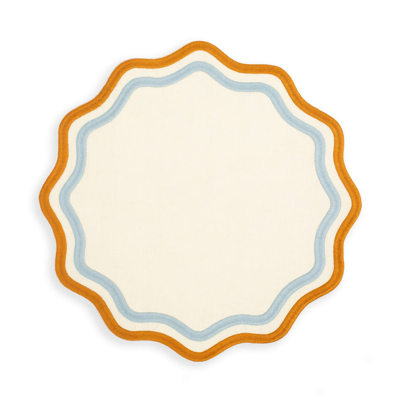 Misette | Colorblock Embroidered Linen Placemats Blue & Amber, Set of 4
