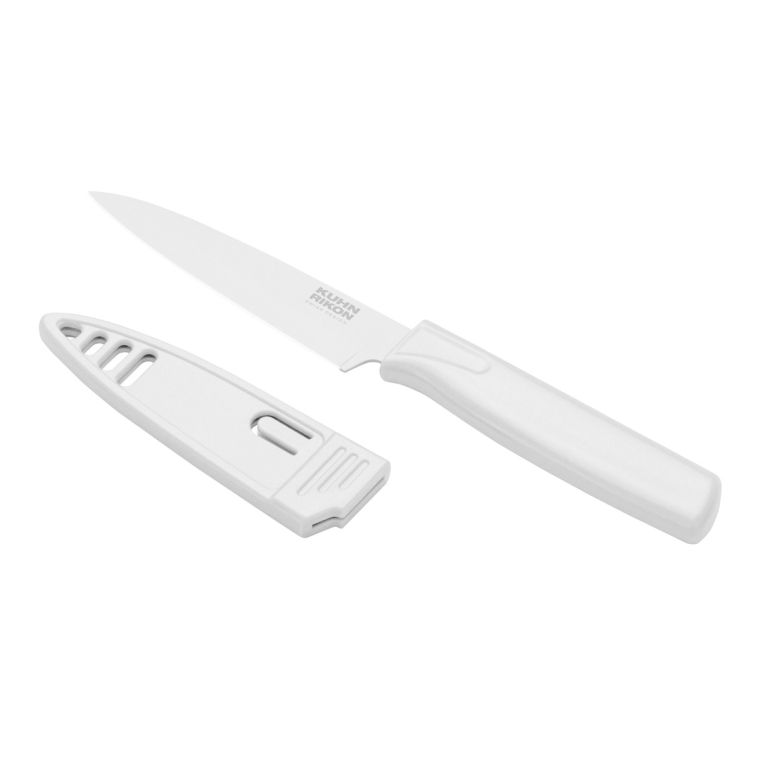 Kuhn Rikon | Colori Pairing Knife (Marshmallow) with a sleek stainless steel blade, white handle, and matching sheath, ideal for precise kitchen tasks.