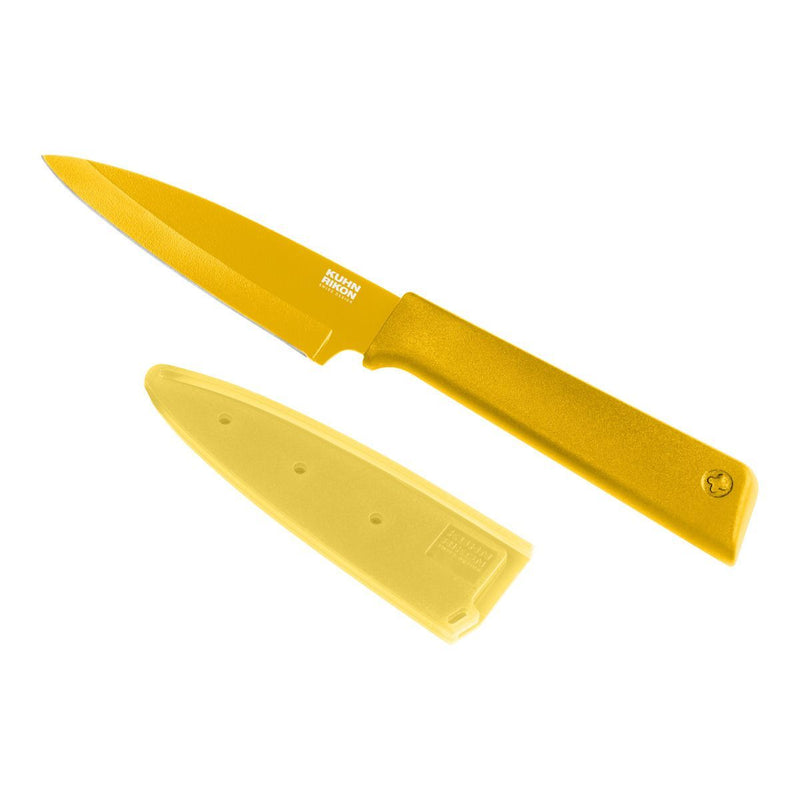 Kuhn Rikon | Colori+ Paring Knife - Yellow, featuring a sharp stainless steel blade with a nonstick coating, includes a safety sheath for secure storage.