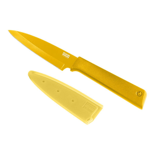 Kuhn Rikon | Colori+ Paring Knife - Yellow, featuring a sharp stainless steel blade with a nonstick coating, includes a safety sheath for secure storage.