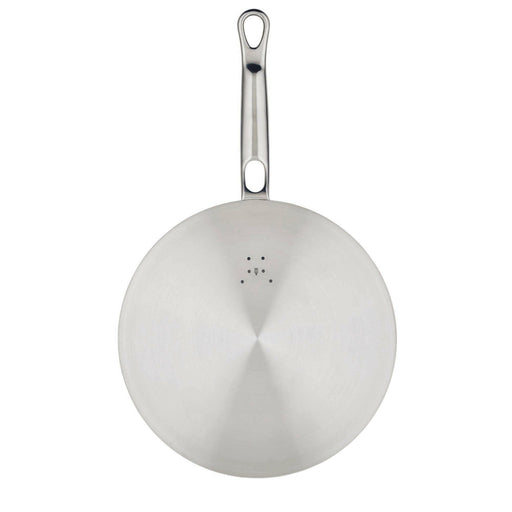 Underside view of Hestan's 11 Commercial Clad Stainless Steel Universal Lid, showcasing its durable design and heat-distribution dimples for versatile kitchen use.