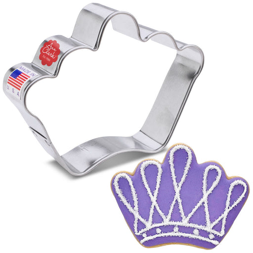 Ann Clark | Cookie Cutters - Crown, showcasing a detailed crown-shaped cutter alongside a matching cookie, exemplifying premium baking craftsmanship for home and professional bakers.