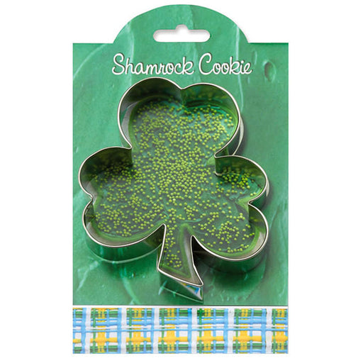 Ann Clark | Gift Collection Cookie Cutters - Shamrock 4.375 Inches, showcasing a clover-shaped cutter in packaging, perfect for festive baking projects.