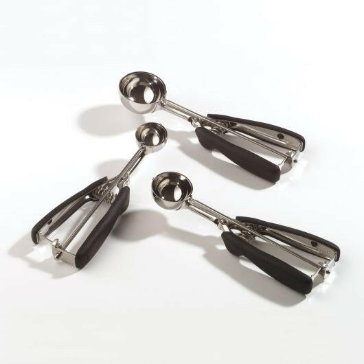 OXO Cookie Scoops - Large, featuring a stainless steel scoop, spring-loaded handle, and non-slip grips for effortlessly shaping uniform cookies. Ideal for efficient baking.