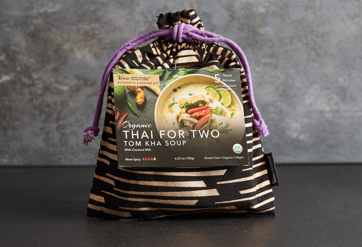 Thai for Two Cooking Kit - Tom Kha Soup, featuring organic ingredients for authentic flavors, includes a reusable bag, perfect for cooking enthusiasts or as a hostess gift.