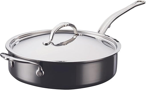 Hestan NanoBond 3.5qt Sauté Pan with stainless-steel lid and handles, featuring advanced durability and heat conduction for versatile stovetop cooking.
