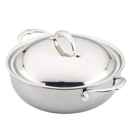 Hestan NanoBond | Cookware - 5qt Essential Pan + Lid features a polished stainless-steel design with ergonomic side handles and a matching domed lid, ideal for professional cooking.