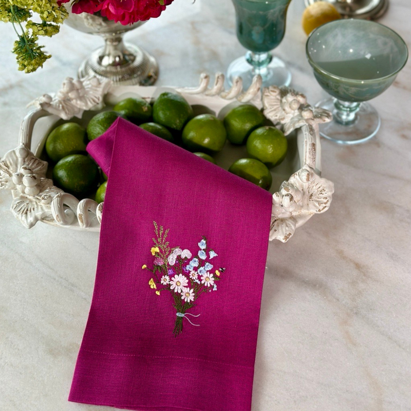 Arte Italica & Crown Linen Designs | Wildflower Bouquet Linen Towel: White (Multi)