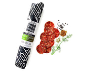 Coro | Deli Sticks - Finocchiona - 5 oz, featuring close-up salami slices, showcasing artisan craftsmanship with rich flavors ideal for charcuterie and gourmet snacking.
