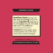 Spicewalla | Cowboy Grilling Rub label with nutrition facts, ingredients like black pepper and smoked paprika, and a fiery product description perfect for grilling enthusiasts.