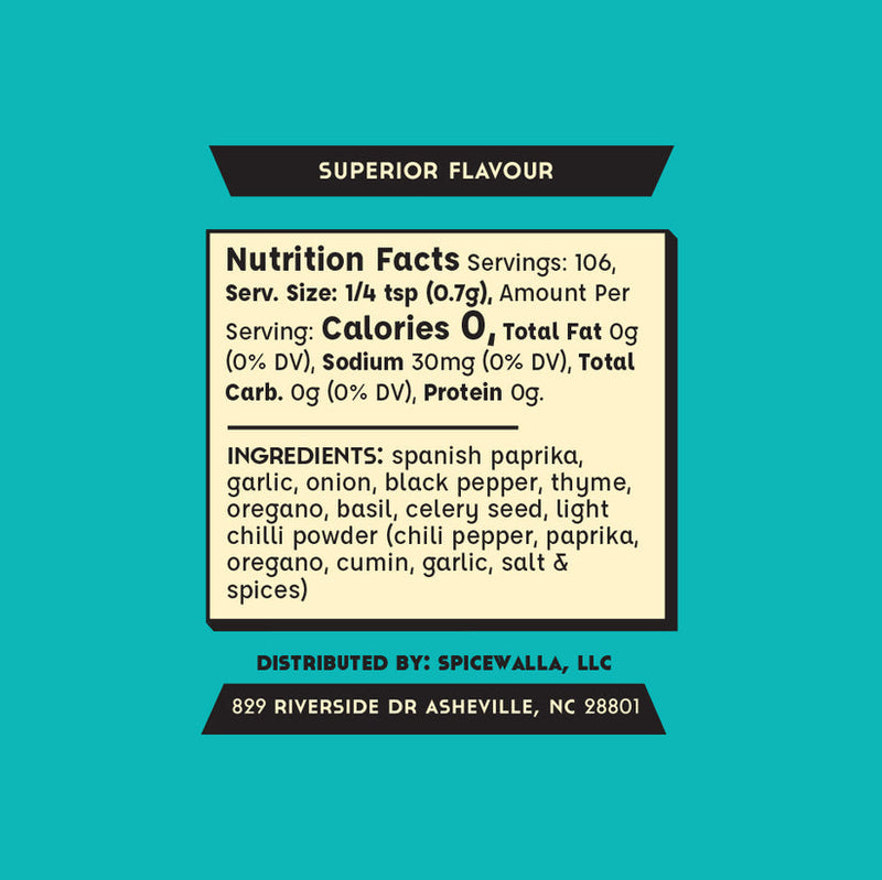 Spicewalla | Creole Blend seasoning label, featuring a Euro-classical herb mix ideal for tomato-based dishes. Distributed by Spicewalla, LLC, Asheville, NC.