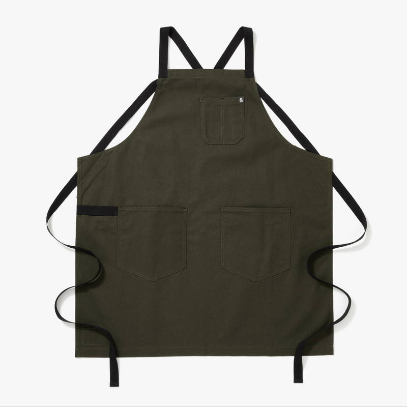 Hedley & Bennett All Day Crossback Apron, Olive Green, Black Straps — front view