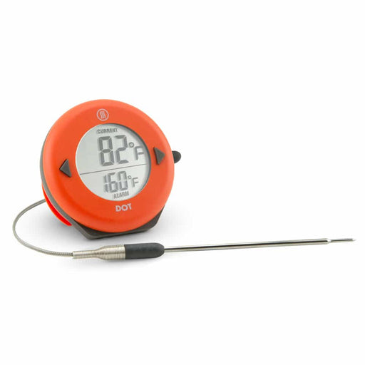 ThermoWorks | DOT Simple Alarm Thermometer - Orange with probe and large display for precise cooking, featuring easy-to-use buttons for temperature control.