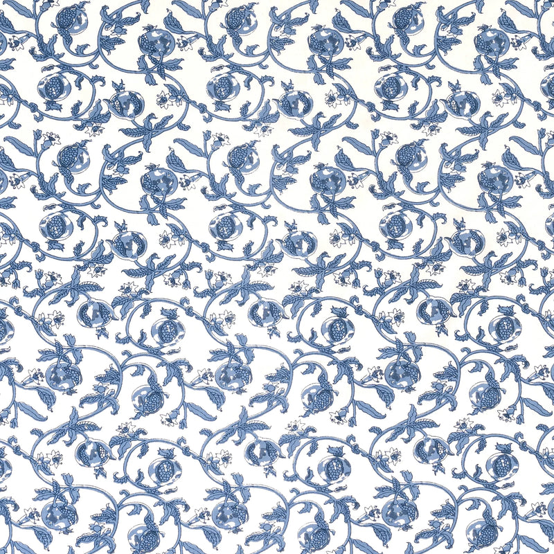 Granada Cornflower Blue Tablecloth from Caravan Home featuring a blue floral pattern with pomegranates on white, suitable for various dining events, 71 x 71.