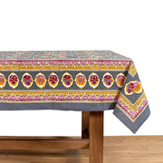 Caravan Home 71 x 106 Pansy Red & Grey Tablecloth showcasing intricate floral and abstract designs, handprinted on French linen, perfect for elegant table settings.
