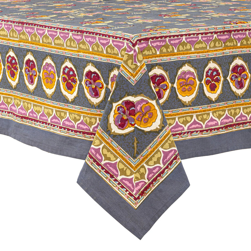 Caravan Home Pansy Red & Grey Tablecloth, 71 x 106, featuring floral and abstract patterns, handprinted for a unique touch to table settings.