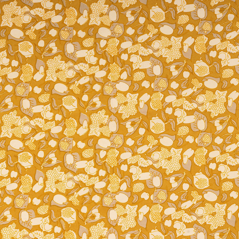 Caravan Home 71 x 71 Forest Harvest Grey & Mustard Tablecloth featuring a yellow and white floral pattern, inspired by Provençal forests, hand-printed on high-quality linen.