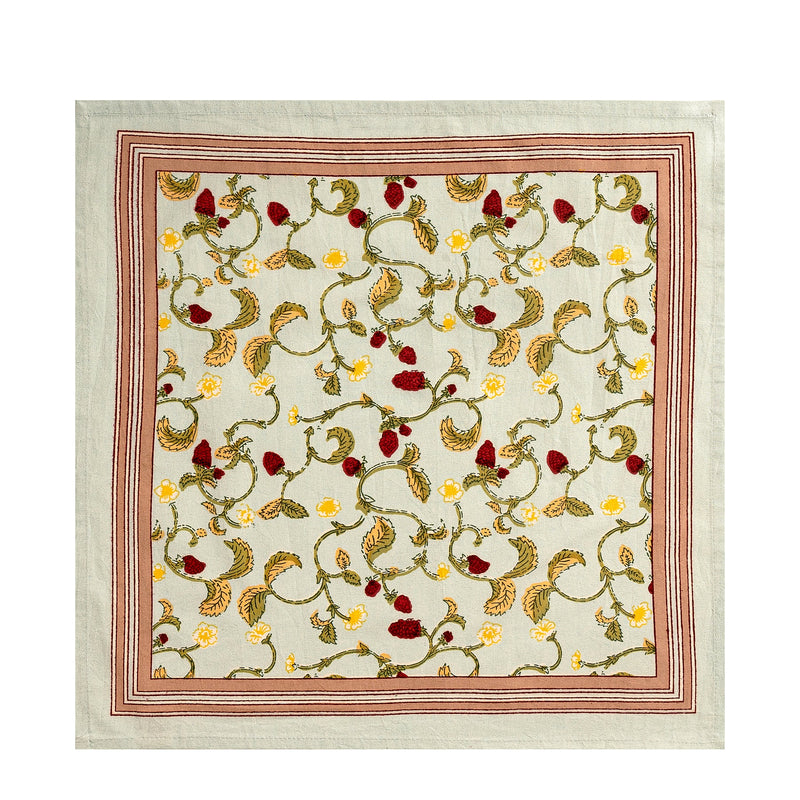 Caravan Home Fraises des Bois Blue Napkins, 19 x 19, set of 6, featuring vibrant botanical patterns handprinted on high-quality fabric. Perfect for enhancing table settings.