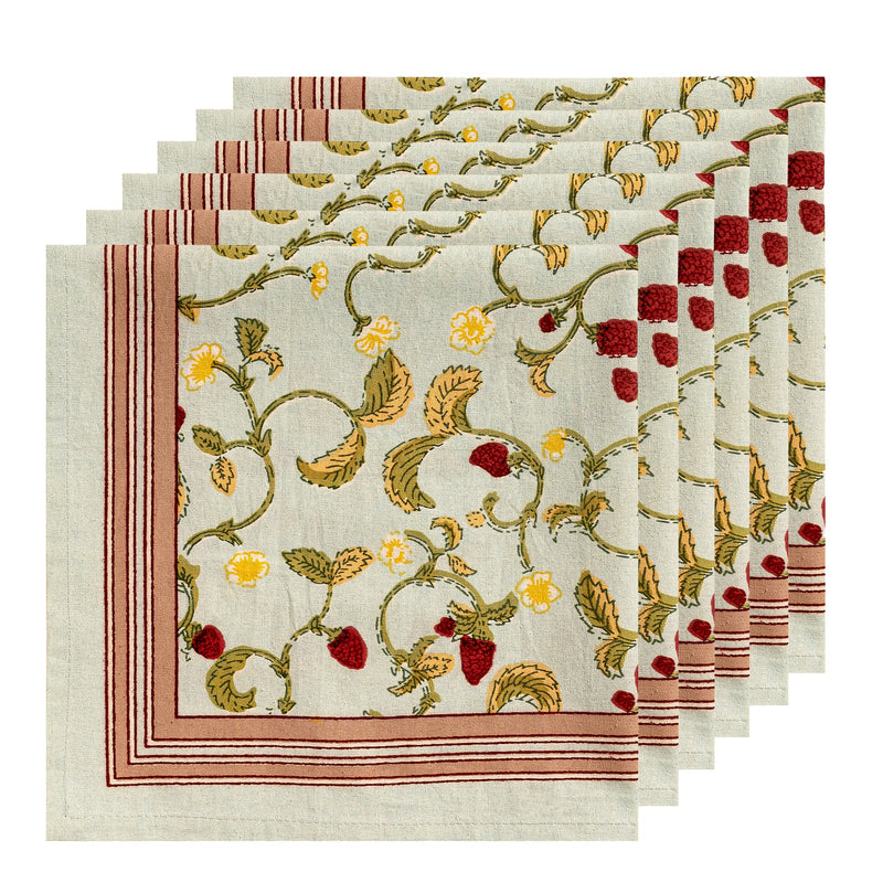 Caravan Home | 19 x 19 Fraises des Bois Blue Napkins Set of 6, showcasing handprinted floral motifs on ivory backdrop. Ideal for elegant table settings.