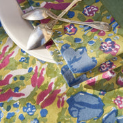 Set of 6 Jardin Blue & Vert Napkins, 19 x 19, displayed with spoons on a table, perfect for elevating dining experiences with French-inspired table linens.