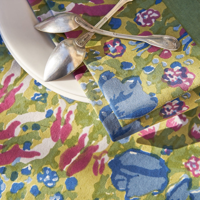 Set of 6 Jardin Blue & Vert Napkins, 19 x 19, displayed with spoons on a table, perfect for elevating dining experiences with French-inspired table linens.
