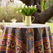 Caravan Home 71 x 106 Pansy Red & Grey Tablecloth on a table, adorned with white flowers in a teapot, highlighting its intricate floral design.