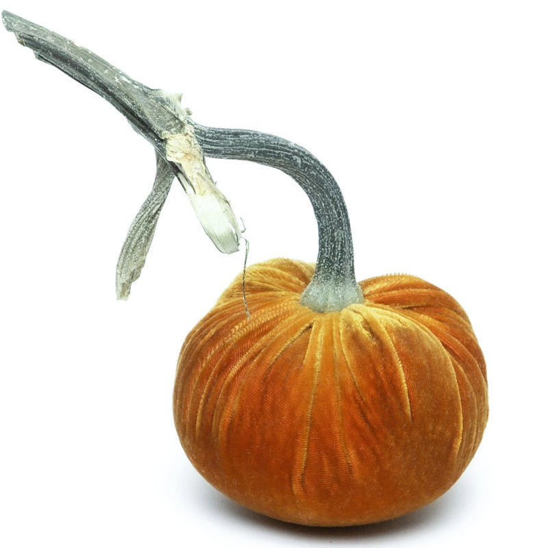 Hot Skwash Silk Velvet Pumpkin - Bronze Jumbo, featuring a handcrafted, unique natural stem, adding elegance and charm to any decor.