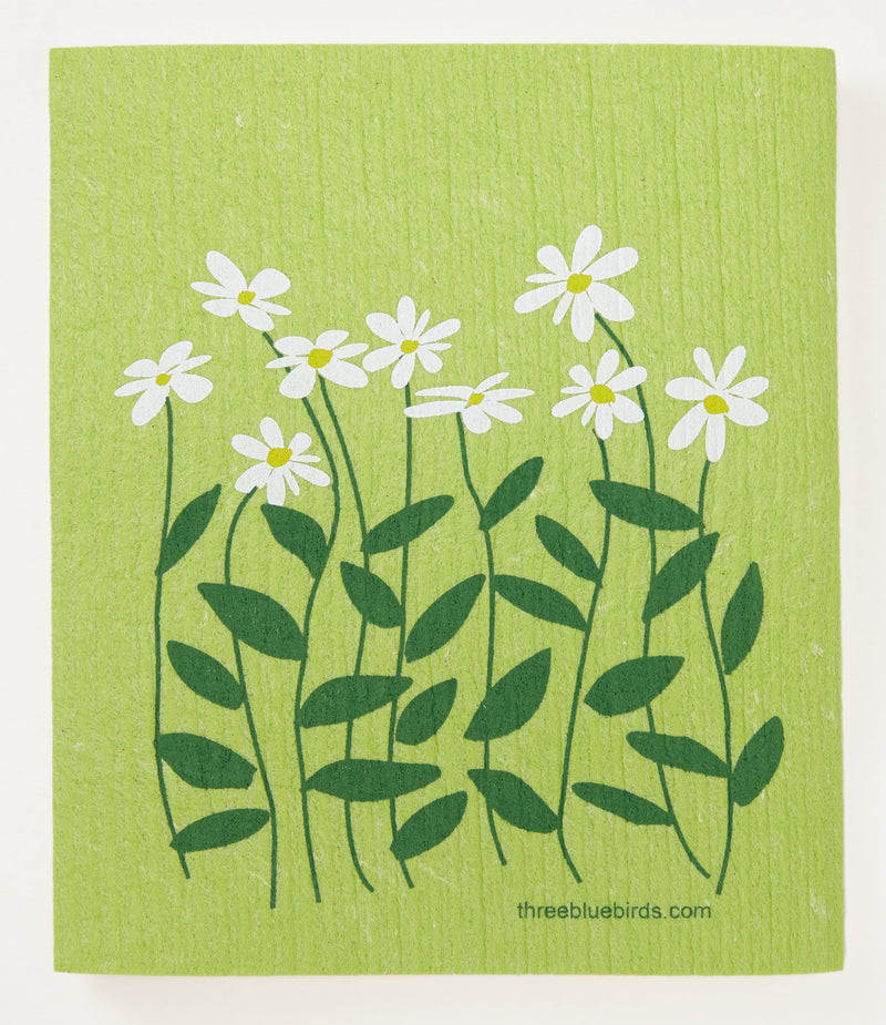 Three Bluebirds Swedish Dishcloths | Daisies on Green Swedish Dishcloth