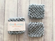 Dot and Army | Dish Scrubbies - grey: Close-up of durable, handmade nylon scrubbies, ideal for eco-friendly cleaning, available in a set of two.