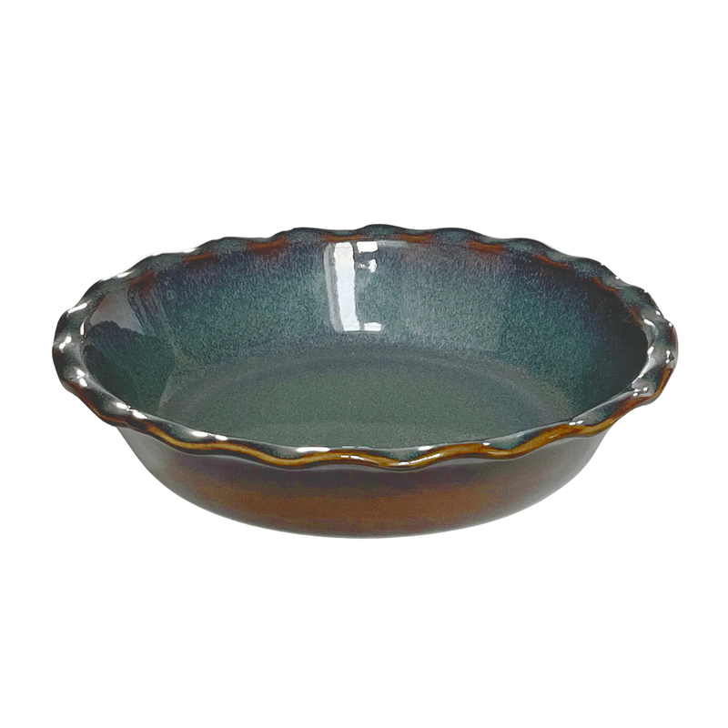 Emile Henry | 175th Anniversary Pie Dish, Blue/Sable, with scalloped rim and mottled glaze, ideal for baking pies or casseroles; crafted from durable Burgundy clay.