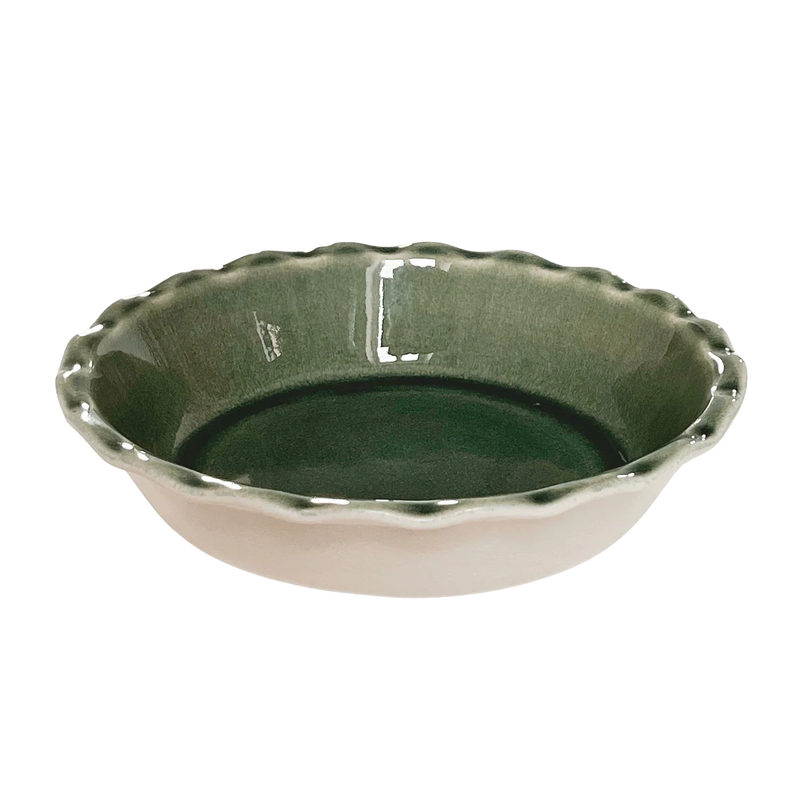 Emile Henry | 175th Anniversary Pie Dish, Green/Ivory: A scalloped ceramic dish, ideal for baking pies or serving, crafted with Burgundy clay for even heat distribution.