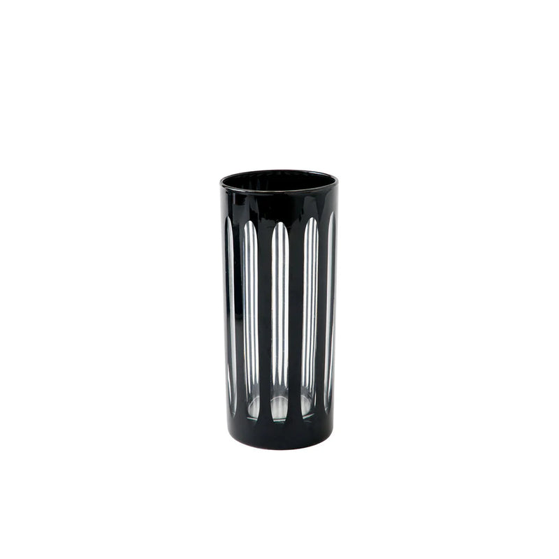 Sir|Madam | Empire Tuxedo Highball Glasses, Set of 2, featuring black exterior with clear vertical stripes, inspired by 1920s skyscraper designs.