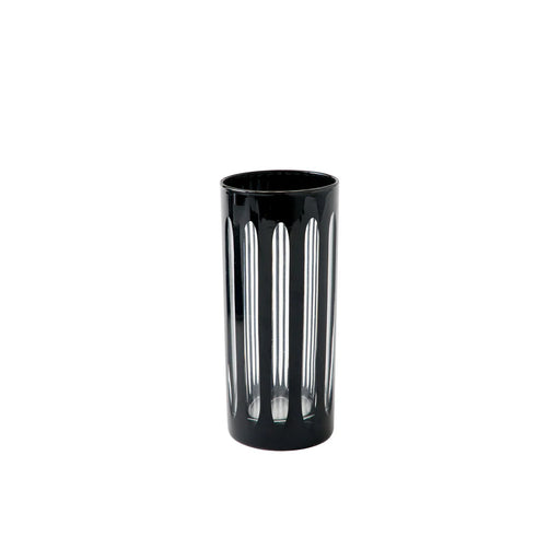 Sir|Madam | Empire Tuxedo Highball Glasses, Set of 2, featuring black exterior with clear vertical stripes, inspired by 1920s skyscraper designs.