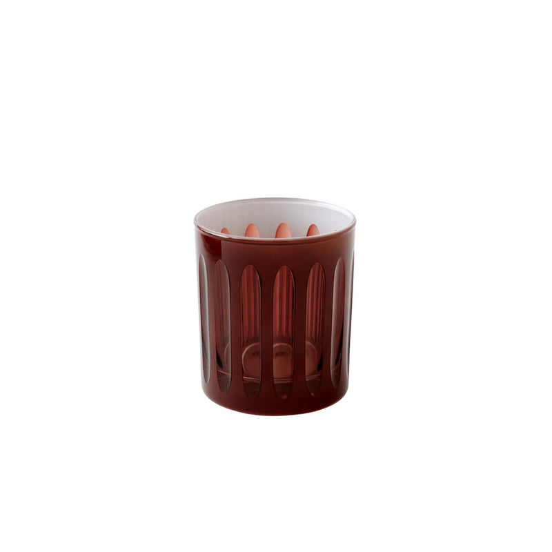 Sir|Madam | Empire Rocks Java Glasses, Set of 2, featuring a deep reddish-brown, cut-glass tumbler design inspired by 1920s skyscraper aesthetics.