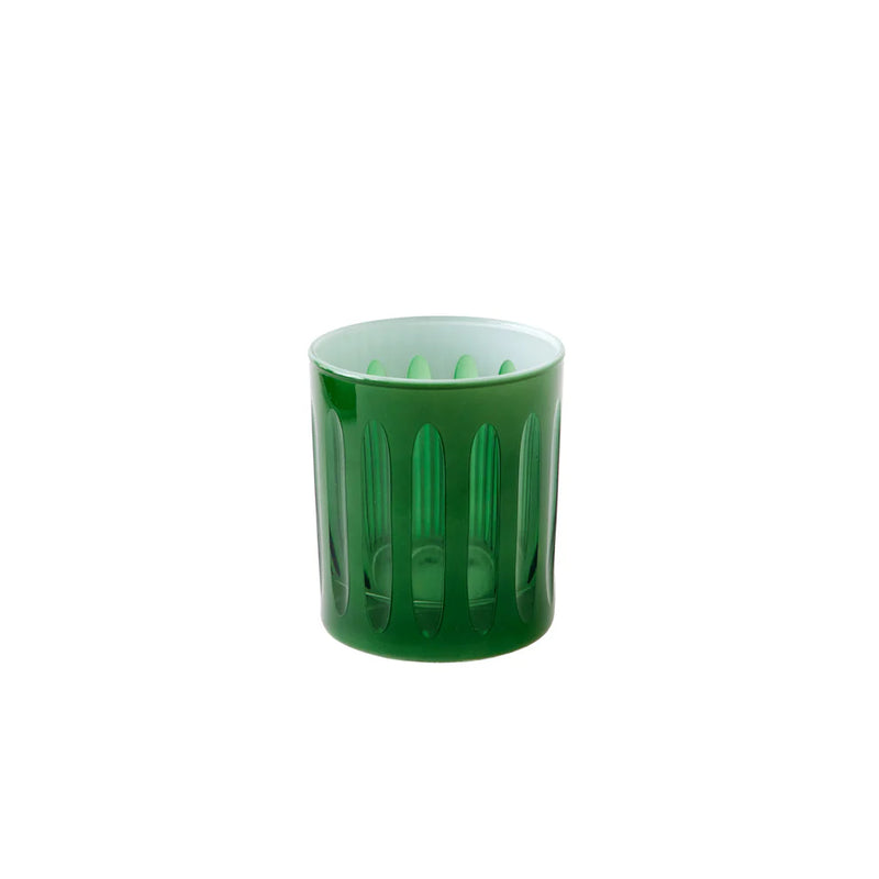 Sir|Madam Empire Rocks Malachite Glass, set of 2, features a faceted green tumbler, inspired by 1920s skyscrapers, perfect for classic cocktails.