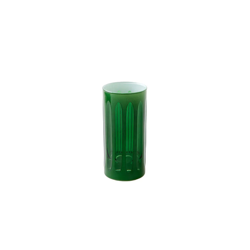 Sir|Madam | Empire Malachite Nips Glasses, Set of 4, features a tall, green tumbler with vertical oval indentations, perfect for classic cocktails.