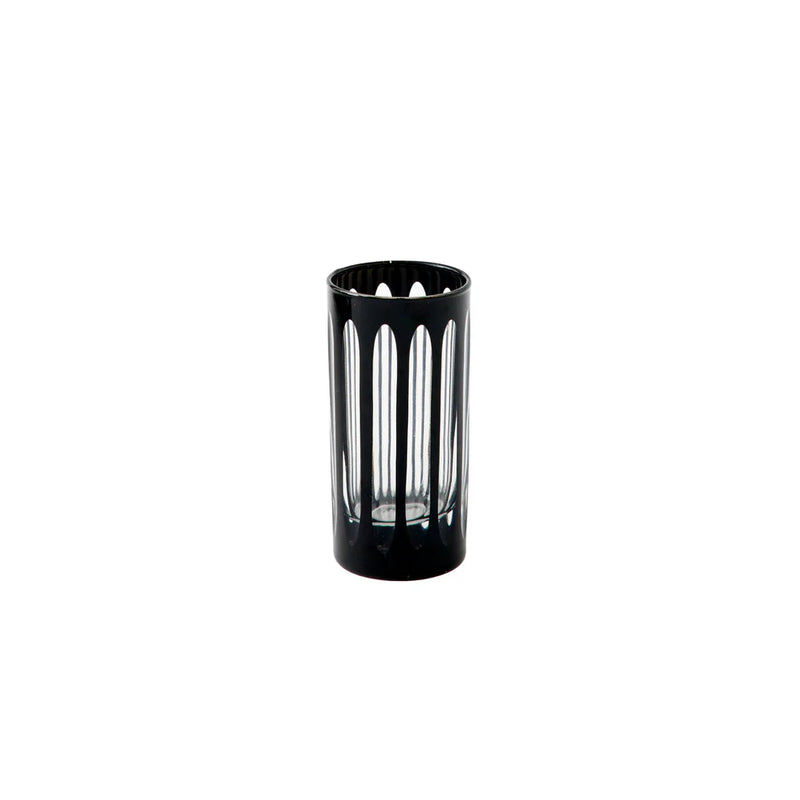 Sir|Madam Empire Nips Glass in Tuxedo, set of 4 — mouth-blown shot-size glass with black-and-white Art Deco vertical cuts