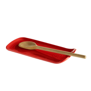 Emile Henry | Burgundy Spoon Rest on a red tray, featuring a wooden spoon, designed to keep kitchen surfaces clean and organized while cooking.