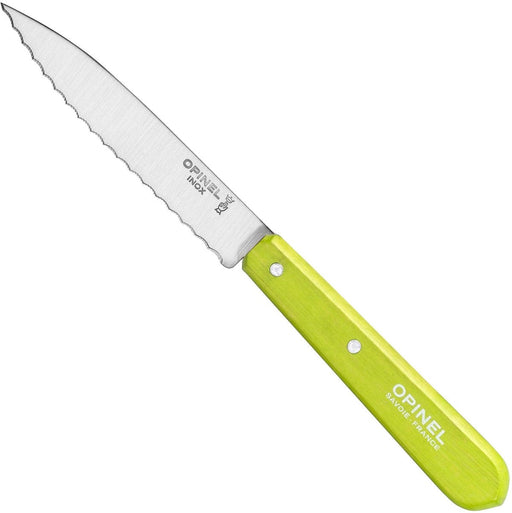 Opinel | Essential Serrated Knife - Pink: Stainless-steel blade with scalloped edge, lime-green handle, ideal for slicing citrus, tomatoes, and cured meats.