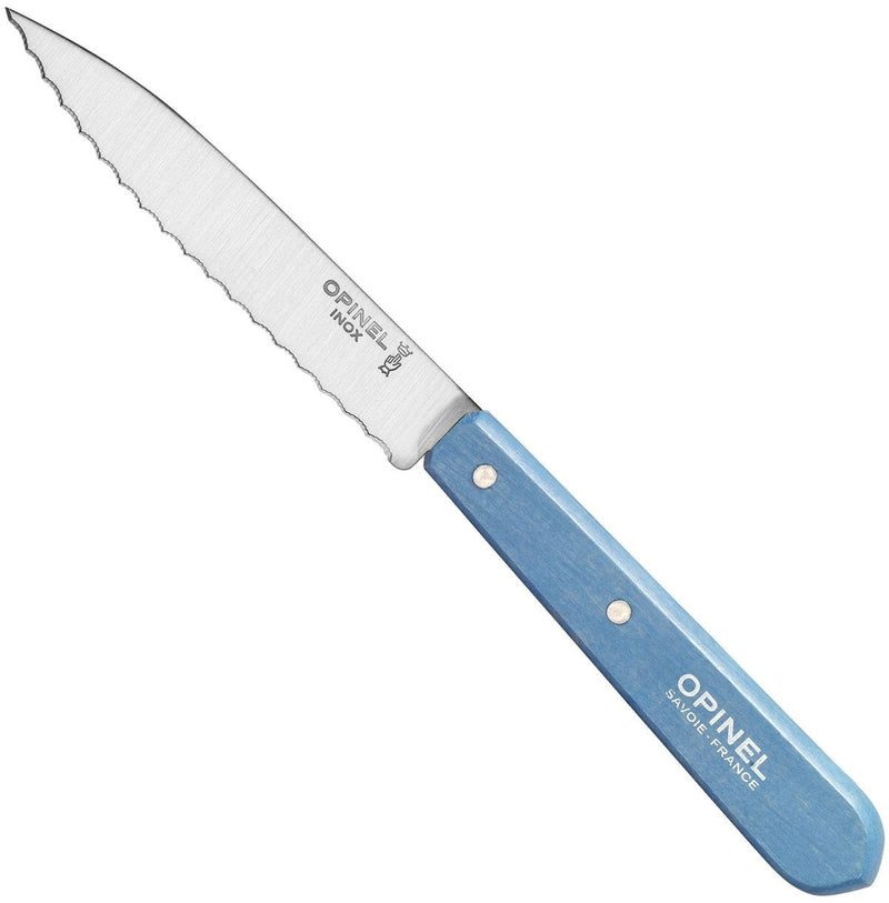 Opinel | Essential Serrated Knife - Pink features a 3.75-inch serrated blade and a blue wooden handle, ideal for slicing bread, tomatoes, and citrus.