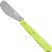 Opinel | Essential Spreading Knife - Pink, featuring a stainless-steel blade with a rounded tip and lime-green wooden handle, perfect for spreading butter, jams, and soft cheeses.