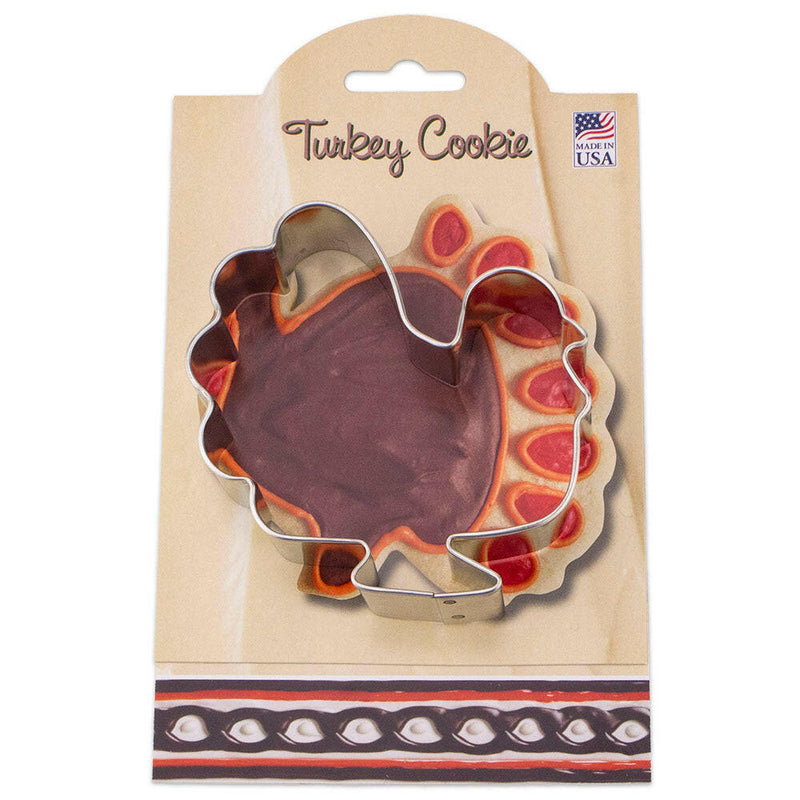 Ann Clark | Fall Gift Cookie Cutters - Turkey -4: A turkey-shaped cookie cutter in packaging, ideal for enhancing your baking creativity with included decorating tips.