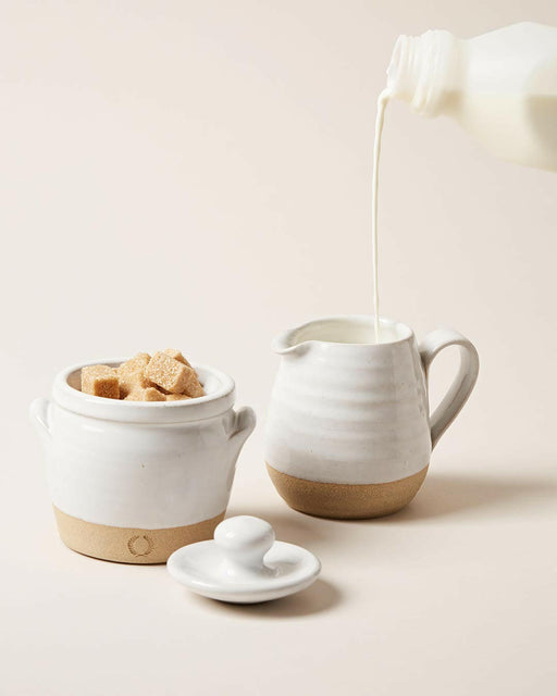Farmhouse Pottery Farmer's Sugar & Creamer Set, a charming stoneware duo ideal for enhancing any coffee or tea experience at home.