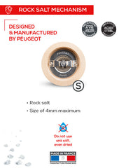 Peugeot | Paris Classic Salt Mill, Natural Wood, 9 inches, featuring a steel mechanism with a lifetime warranty. Use only rock salt crystals, max size 4mm. Made in France.
