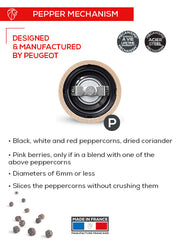 Peugeot Paris Chef u'Select Pepper Mill, 9 inches, stainless steel, features a lifetime-warranty mechanism for precise seasoning with adjustable grinds, designed for versatile peppercorn use.